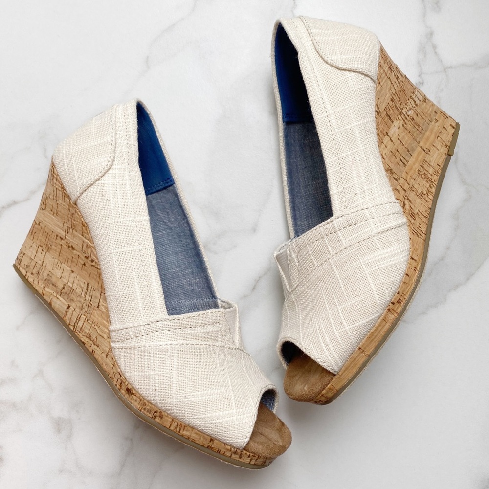 TOMS classic wedge natural linen with cork wedge